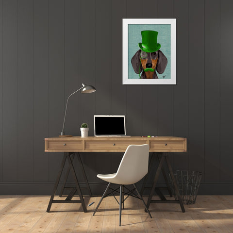 Dachshund with Green Top Hat Black Tan White Modern Wood Framed Art Print by Fab Funky
