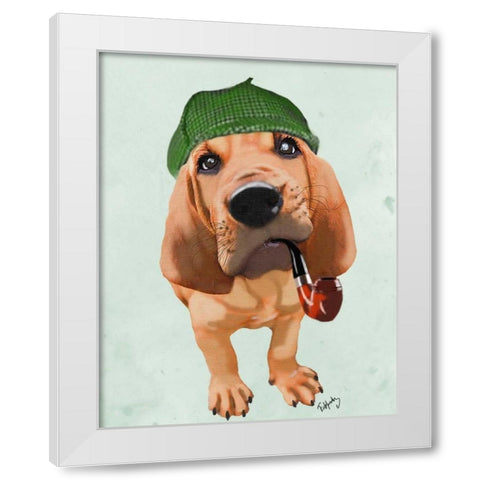Bloodhound Sherlock Holmes White Modern Wood Framed Art Print by Fab Funky
