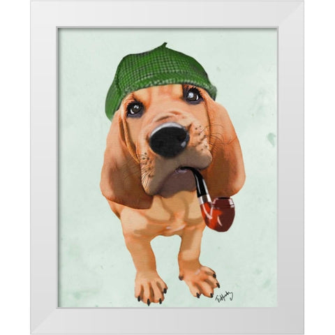 Bloodhound Sherlock Holmes White Modern Wood Framed Art Print by Fab Funky