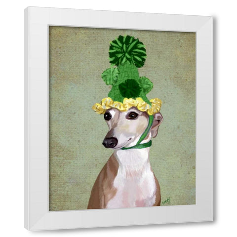 Greyhound in Green Knitted Hat White Modern Wood Framed Art Print by Fab Funky