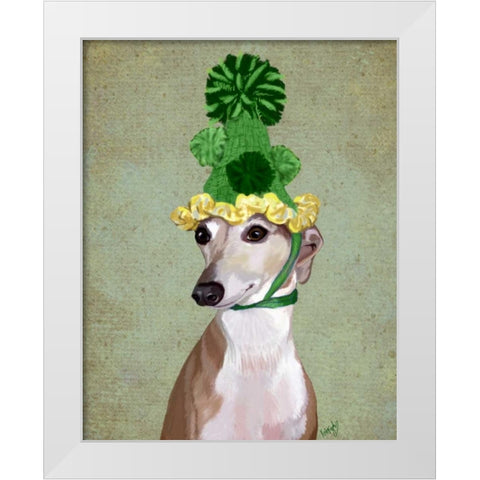 Greyhound in Green Knitted Hat White Modern Wood Framed Art Print by Fab Funky