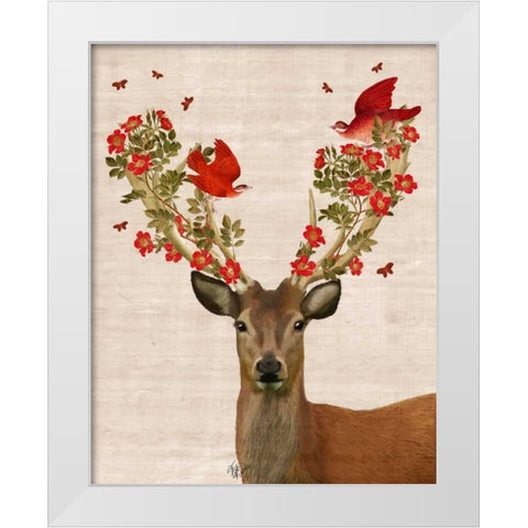 Deer and Love Birds White Modern Wood Framed Art Print by Fab Funky