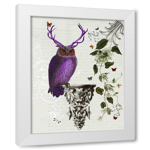 Purple Owl With Antlers White Modern Wood Framed Art Print by Fab Funky