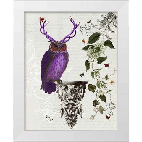 Purple Owl With Antlers White Modern Wood Framed Art Print by Fab Funky