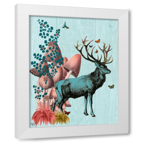 Turquoise Deer in Mushroom Forest White Modern Wood Framed Art Print by Fab Funky