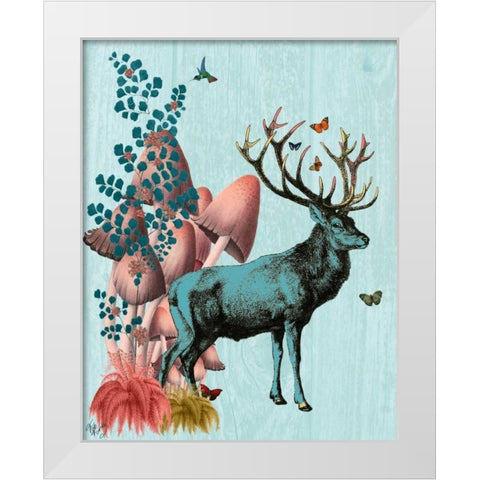 Turquoise Deer in Mushroom Forest White Modern Wood Framed Art Print by Fab Funky