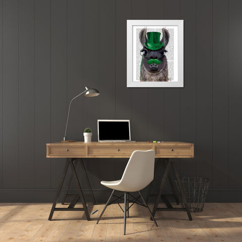 Llama With Green Top Hat and Moustache White Modern Wood Framed Art Print by Fab Funky