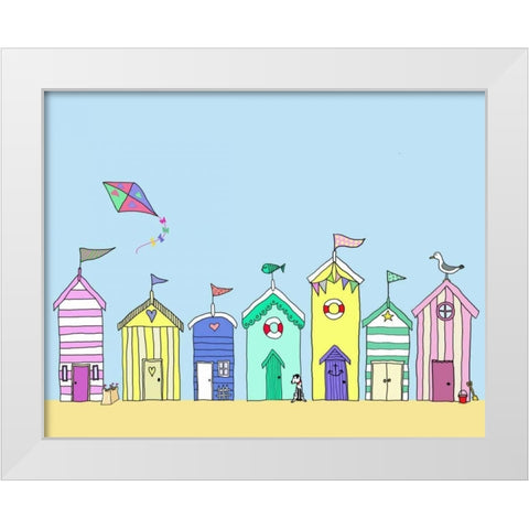 Beach Huts In a Row White Modern Wood Framed Art Print by Fab Funky