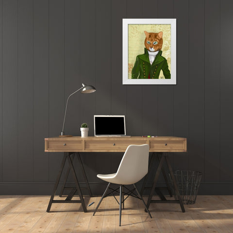 Ginger Cat in Green Coat White Modern Wood Framed Art Print by Fab Funky