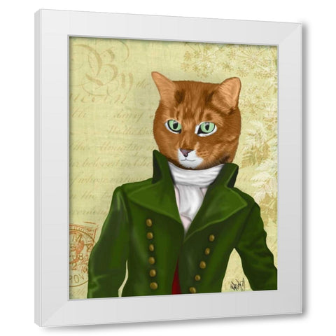 Ginger Cat in Green Coat White Modern Wood Framed Art Print by Fab Funky