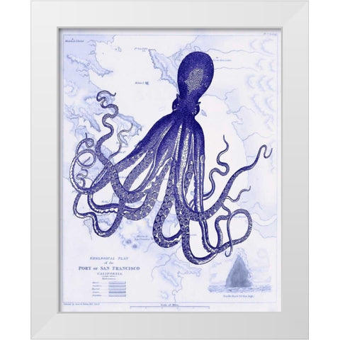 Blue Octopus 1 on Nautical Map White Modern Wood Framed Art Print by Fab Funky