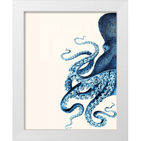 Octopus Navy Blue and Cream a White Modern Wood Framed Art Print by Fab Funky