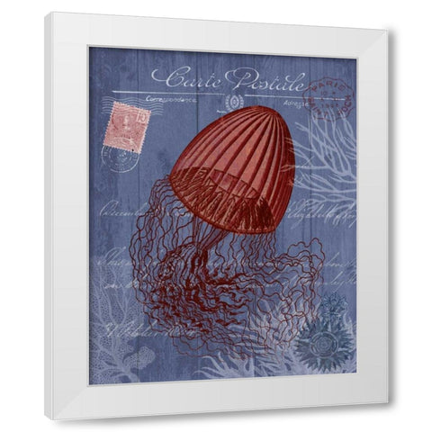 Seaside Postcard Red on Blue e White Modern Wood Framed Art Print by Fab Funky