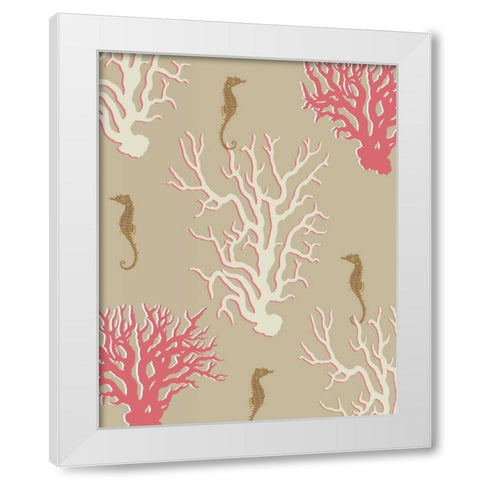 Coral and Seahorse in Beige White Modern Wood Framed Art Print by Fab Funky