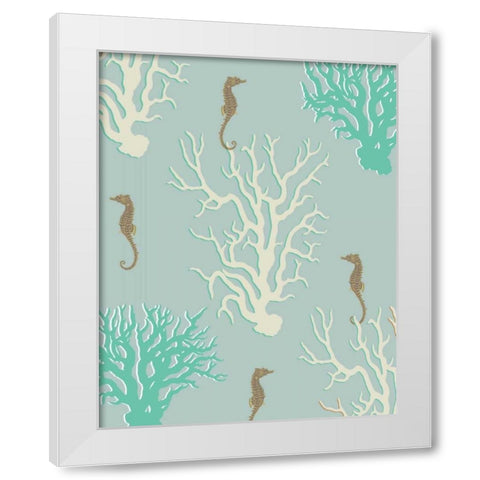 Coral and Seahorse in Seafoam White Modern Wood Framed Art Print by Fab Funky