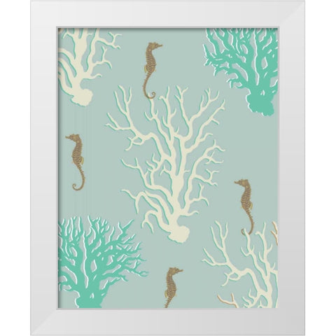 Coral and Seahorse in Seafoam White Modern Wood Framed Art Print by Fab Funky