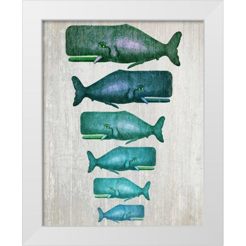 Whale Family Green on White White Modern Wood Framed Art Print by Fab Funky