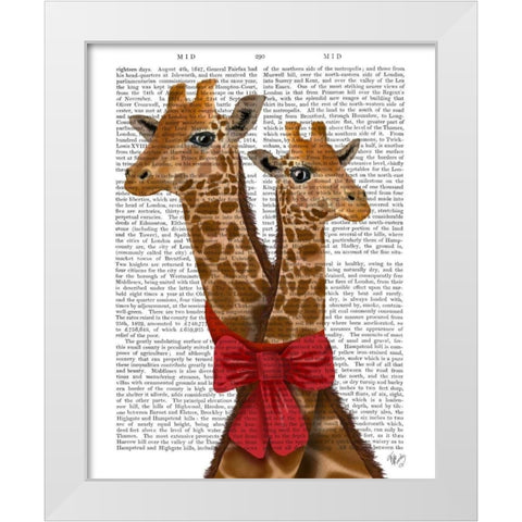 Giraffes and Bow White Modern Wood Framed Art Print by Fab Funky