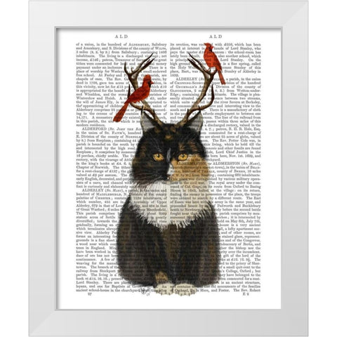 Tortoiseshell Cat, Antlers and Red Birds White Modern Wood Framed Art Print by Fab Funky