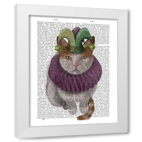 Cat, White with Jester Hat White Modern Wood Framed Art Print by Fab Funky