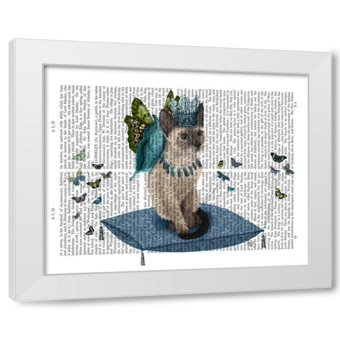 Cat on Pillow with Butterflies White Modern Wood Framed Art Print by Fab Funky