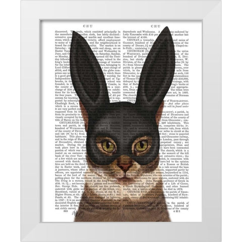 Cat with Bunny Mask White Modern Wood Framed Art Print by Fab Funky