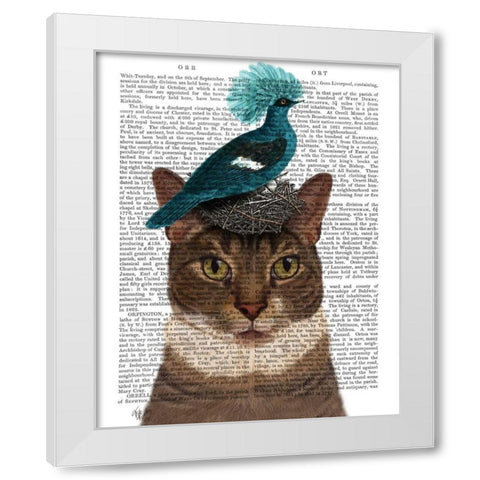 Cat with Nest and Blue Bird White Modern Wood Framed Art Print by Fab Funky