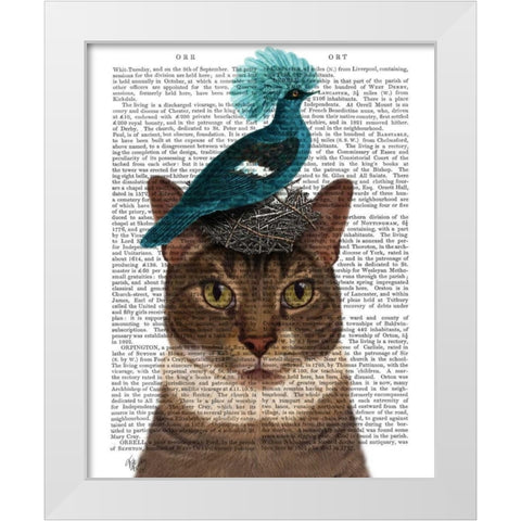 Cat with Nest and Blue Bird White Modern Wood Framed Art Print by Fab Funky