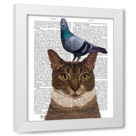 Cat with Pigeon on Head White Modern Wood Framed Art Print by Fab Funky