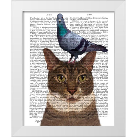 Cat with Pigeon on Head White Modern Wood Framed Art Print by Fab Funky