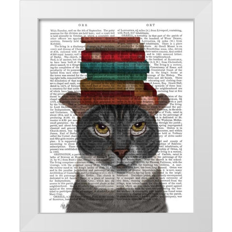 Grey Cat with Books on Head White Modern Wood Framed Art Print by Fab Funky