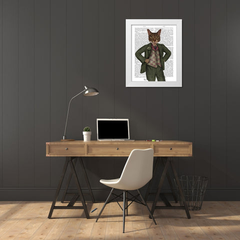 Cat in Tartan Waistcoat White Modern Wood Framed Art Print by Fab Funky