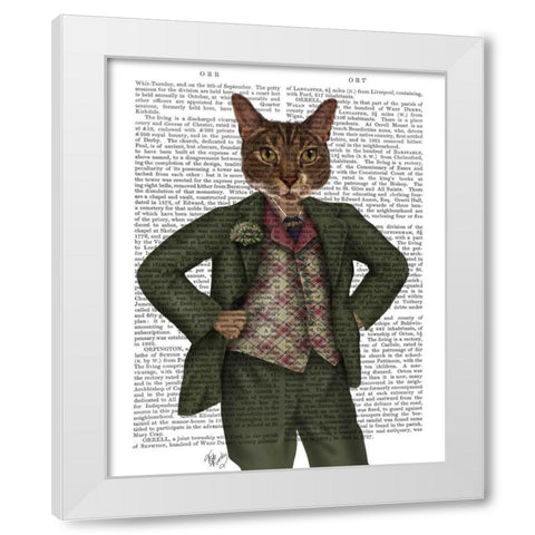 Cat in Tartan Waistcoat White Modern Wood Framed Art Print by Fab Funky