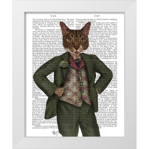 Cat in Tartan Waistcoat White Modern Wood Framed Art Print by Fab Funky