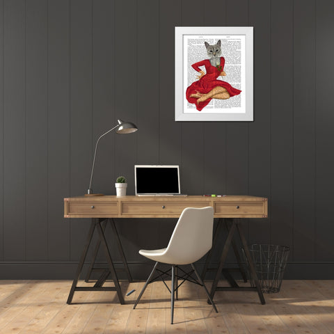 Grey Cat with White Rose White Modern Wood Framed Art Print by Fab Funky