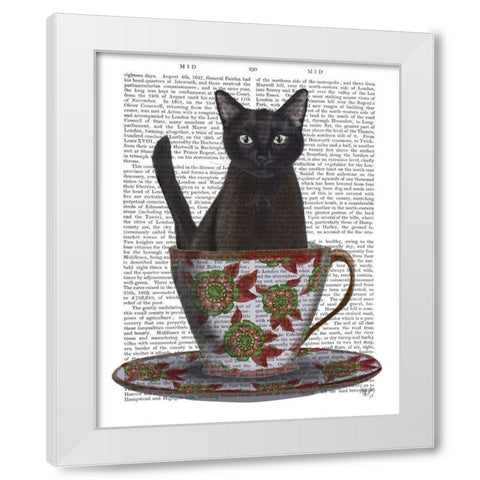 Black Cat in Teacup White Modern Wood Framed Art Print by Fab Funky
