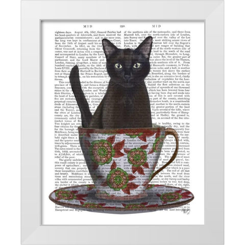 Black Cat in Teacup White Modern Wood Framed Art Print by Fab Funky