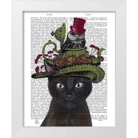 Black Cat with Teapot and Owl White Modern Wood Framed Art Print by Fab Funky