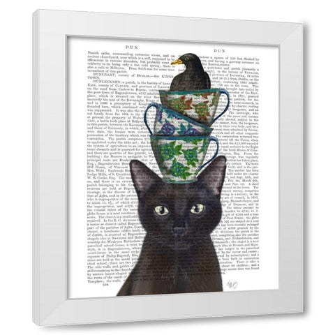 Black Cat with Teacups and Blackbird White Modern Wood Framed Art Print by Fab Funky