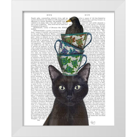 Black Cat with Teacups and Blackbird White Modern Wood Framed Art Print by Fab Funky
