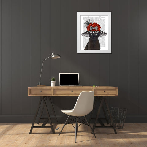 Cat, Black with Fabulous Hat White Modern Wood Framed Art Print by Fab Funky