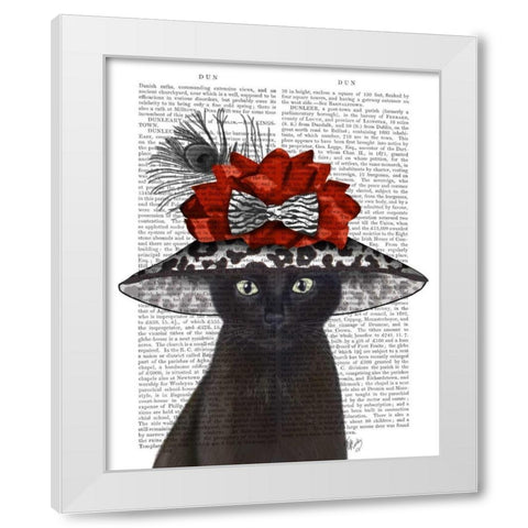 Cat, Black with Fabulous Hat White Modern Wood Framed Art Print by Fab Funky