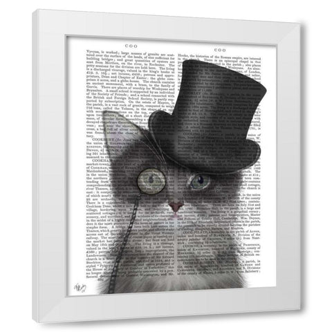 Cat, Grey with Top Hat White Modern Wood Framed Art Print by Fab Funky