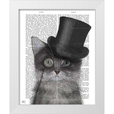 Cat, Grey with Top Hat White Modern Wood Framed Art Print by Fab Funky