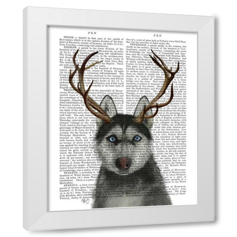 Husky and Antlers White Modern Wood Framed Art Print by Fab Funky