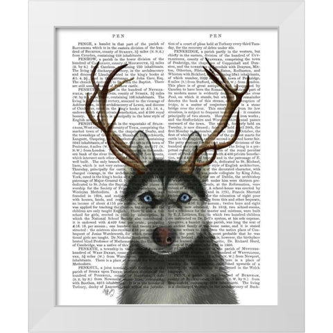 Husky and Antlers White Modern Wood Framed Art Print by Fab Funky