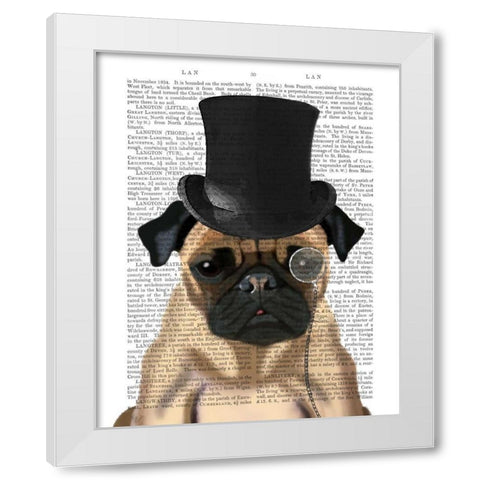 Pug, Formal Hound and Hat White Modern Wood Framed Art Print by Fab Funky