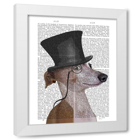 Greyhound, Formal Hound and Hat White Modern Wood Framed Art Print by Fab Funky