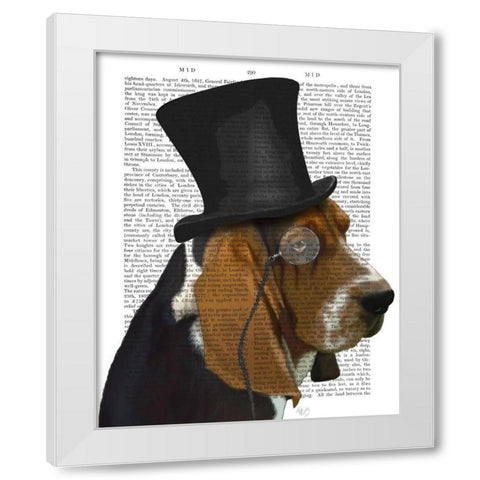 Basset Hound, Formal Hound and Hat White Modern Wood Framed Art Print by Fab Funky