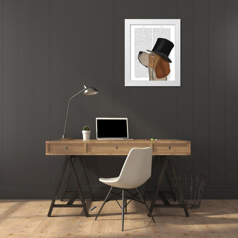 Beagle, Formal Hound and Hat White Modern Wood Framed Art Print by Fab Funky